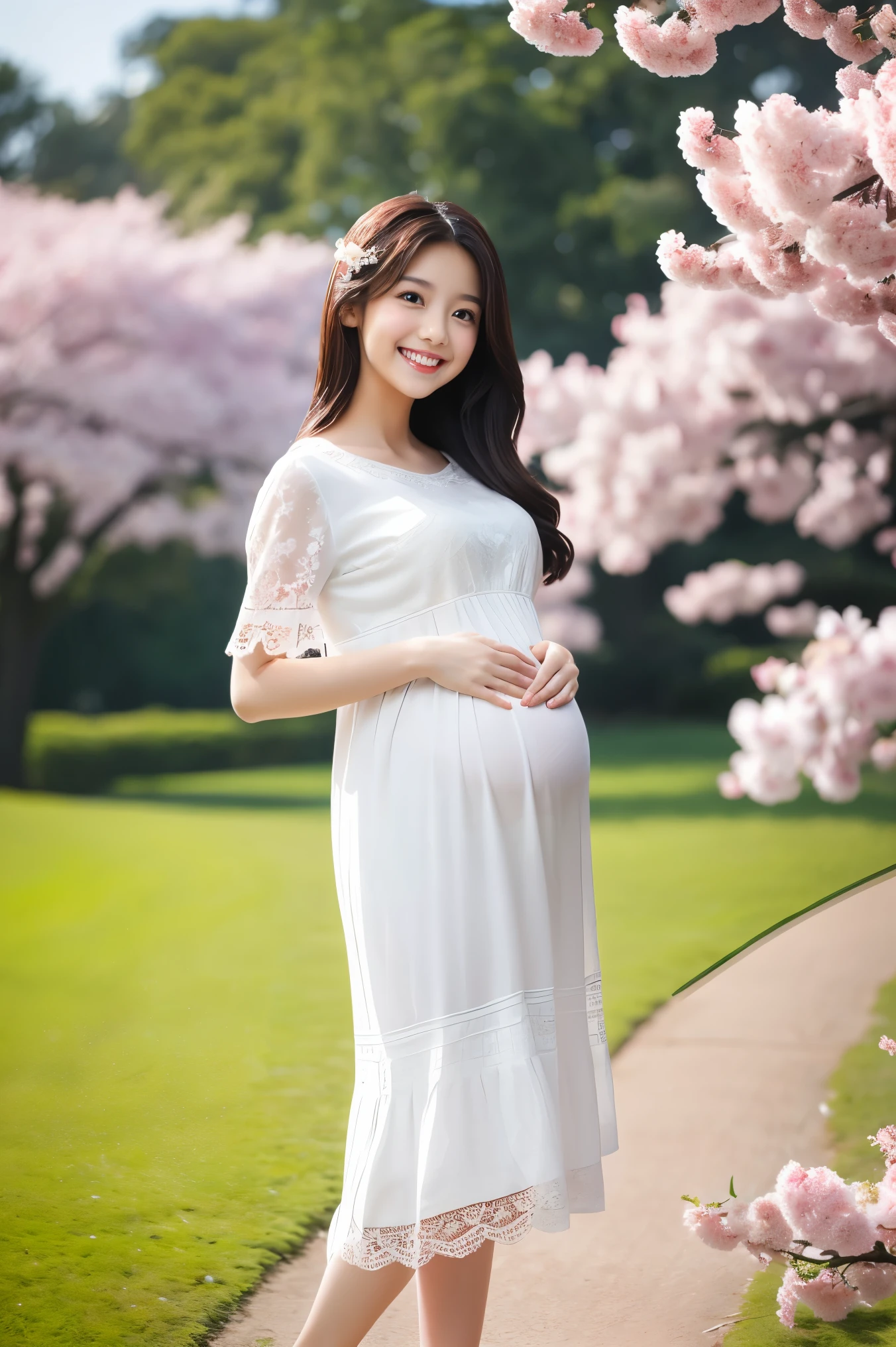 (highest quality、masterpiece、8k、Best image quality、Award-winning works)、1 female、walk in the park、(pregnancy:1.1)、(alone:1.1)、(1 photo:1.1)、Elegant maternity wear、See-through maternity wear、Lace ornament、Perfect Makeup、thin、The biggest smile is looking at me、(height: 140cm:1.5)、(Very short:1.5)、standing full body photo、Perfect Anatomy、Blurred cherry blossoms in full bloom、big grass park、Refreshing atmosphere、very bright and vivid、Beautiful eyes in ultra-high resolution、Ultra high resolution perfect beautiful teeth、Ultra-high definition beauty face、Ultra HD beautiful hair、Perfect teeth alignment