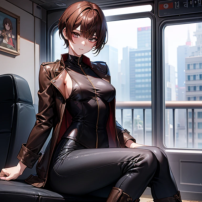 Masterpiece、Subtle details、korean women、One adult woman、Sophisticated、On a city train、Slender beauty、delicate、Model-like body、Korean Fashion、Sideboob、Erotic、Sweaty、leather jacket、Riders jacket、Low rise skinny pants、tall、Stylish、Small breasts、Korean Makeup、Sharp Eyes、Cool Beauty、older sister、Pixie Cut、The hair ends are trimmed、Asymmetrical bangs、short nape、Hair with reduced volume、Thick-soled boots、Reddish brown hair、