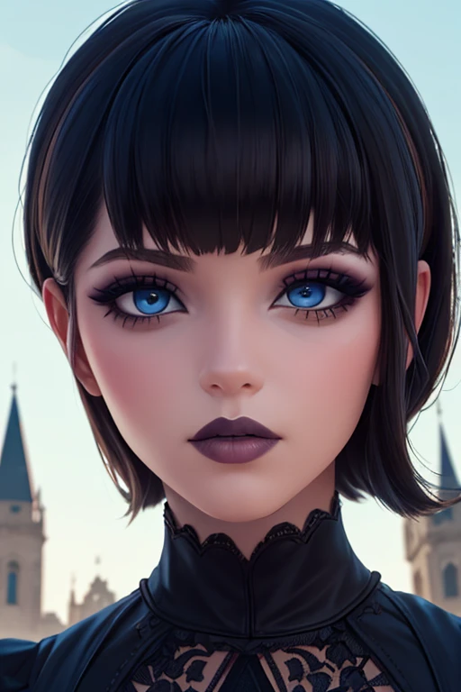 Defined face blue eyes gothic makeup eyeliner and eye shadows, cabello negro corto con flequillo estilo bob labios rojos voluminosos, primer plano en HD, Intricate medieval architectural details and fantastic landscapes in 12k high resolution