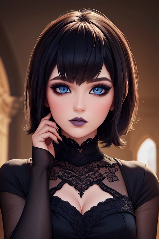 Defined face blue eyes gothic makeup eyeliner and eye shadows, cabello negro corto con flequillo estilo bob labios rojos voluminosos, primer plano en HD,  Intricate medieval architectural details and fantastic landscapes in 12k high resolution 