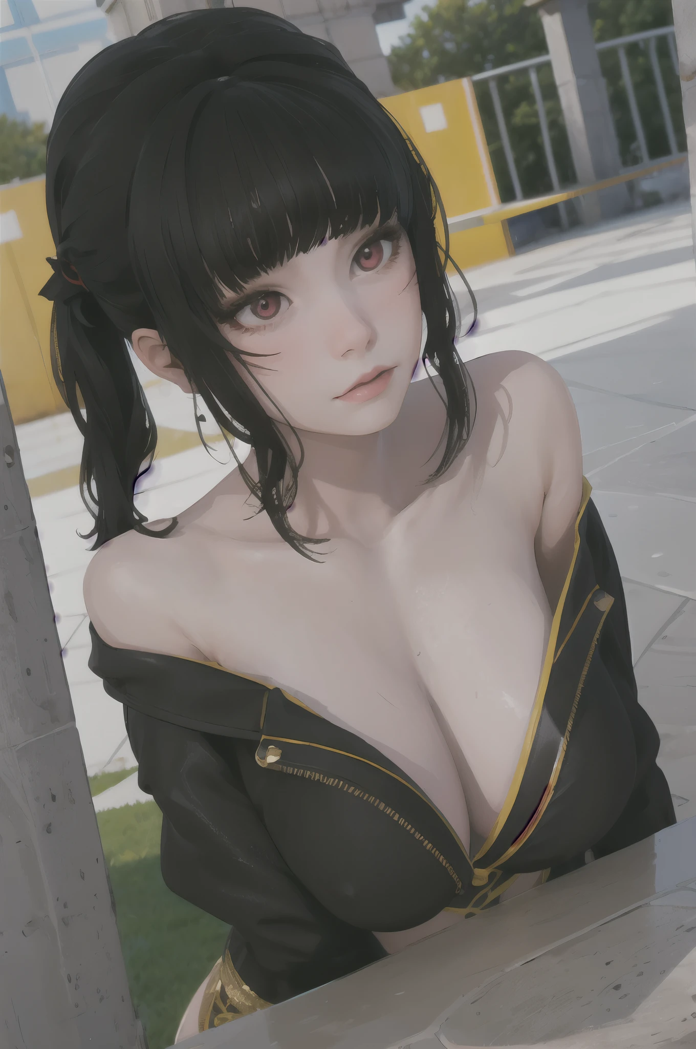 masterpiece, highly detailed, best quality, 1girl, solo, Luna, black hair, side ponytail, red eyes, blunt bangs