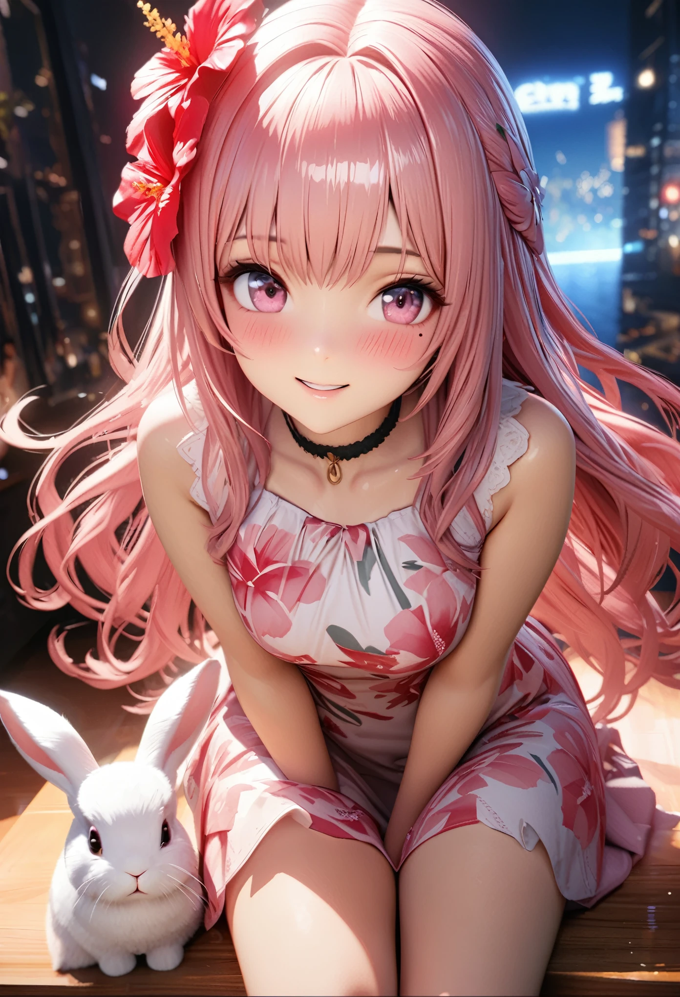 Masterpiece, Best Quality, Super Detailed, High Definition, Expensive Resolution, HDR, 4k, 8K, Unity 8k Wallpaper, Super Detailed CG, Masterpiece, Realistic, 2D, 3D, Beautiful Details, Depth, Fine Texture, Super Fine: 1.3, Complete concentration, crispy skin, him, a very cute anime rabbit, cute idol-like rabbit, expensive pink long hair, one girl, Hawaiian dress, night,hibiscus hair ornament, smiling long pink hair, whole body, mole under the eye, line of sight , expensive, blush, parted lips, heart, pink eyes, choker