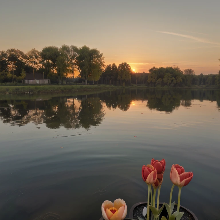 Serenities by a lake, coucher de soleil, tulipe et arbres 