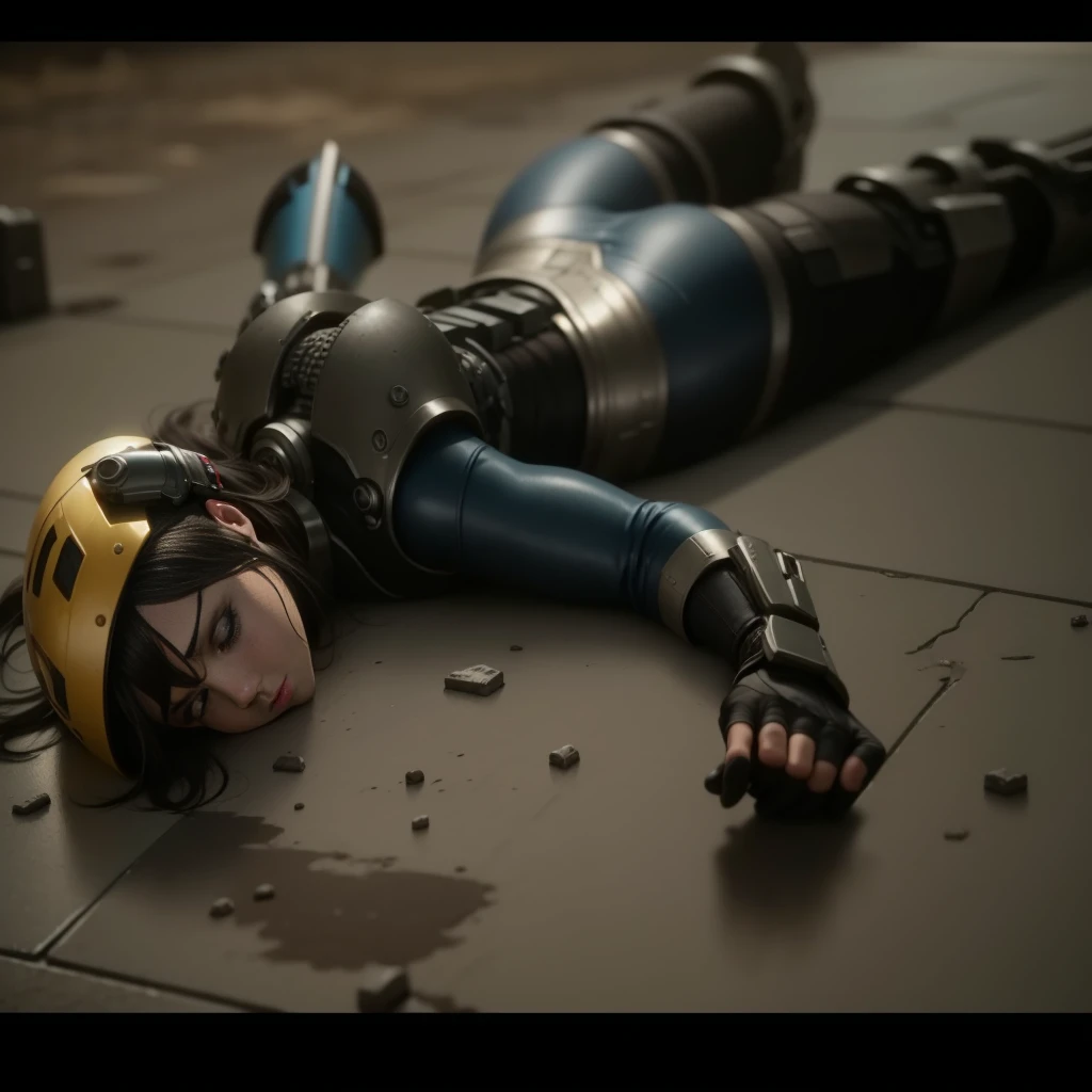 a close up of a person laying on the ground with a helmet on, ps5 cinematic screen capture, still from alita, alita battle angel, octane render cinematic, amazing cgi, amazing octane render, hyper realistic octane render 4k, discarded mechsuit in background, hyper - realistic vfx render, cinematic 4k octane render, detailed cinematic render, big butt, wide hips