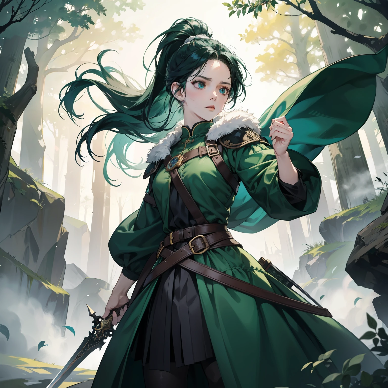 High quality masterpiece, super detailed, super emotion detailed, green fantasy Forest, warm colours dramatic lighting, movie scene, anime style, perfect face, clean eyes, Middle Ages, clean emotions, perspective from the bottom! full body! A girl with dark blue hair in a ponytail, in simple winter dark hunting costume with sword is about to kill, she’s arrogant, looking down, kinda angry, pale skin!!!