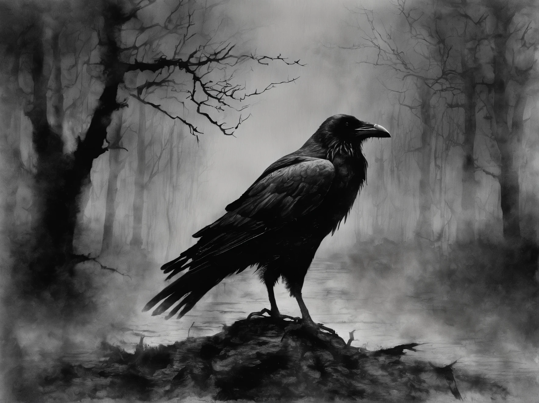 Subject: Ravens gathering around a red human heart in a rainy forest setting, ink wash style
Medium: Digital painting
Style: Black and white, atmospheric
Artist: Suggest artists known for similar styles
Website: Artstation
Resolution: 4k
Additional details: Subtle highlighting of blood, depiction of rain and mist
Color: Black and white
Lighting: Atmospheric, misty