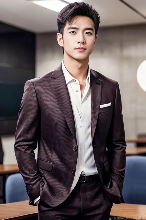 36-year-old fresh and handsome new employee、 (Super handsome guy in S-class suit)、 Japanese 36-year-old man、 merchant、 ultra luxury suit、 striped suit、 office、 Stand up in a suitSYoung handsome man、 Full body image、 (CG Unity 8K high-detail photos)、 (Very detailedSHandsome guy in class)、 (Photo real)、 ((Top quality))、 Ultra Detailed、 (masterpiece)、 Ultra-high quality、 High、 Viewer、 gentleman、 very beautiful hair、 bright photos、 As handsome as a model、 As handsome as an idol、 luxury watch,
