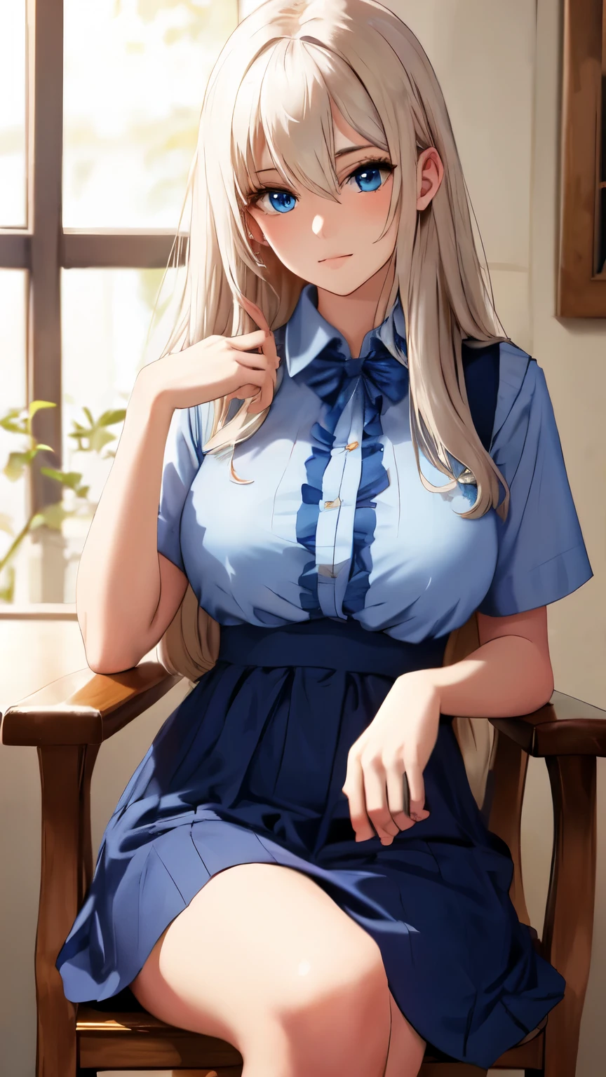 Unparalleled beauty, shiny shiny firm and shiny skin, bangs between eyes, shiny straight beautiful platinum blonde, super long straight silky hair, eyeliner, sexy beautiful innocent , high definition big big beautiful bright blue eyes, beautiful and lovely girl, baby face, sve shirt, sitting in a chair