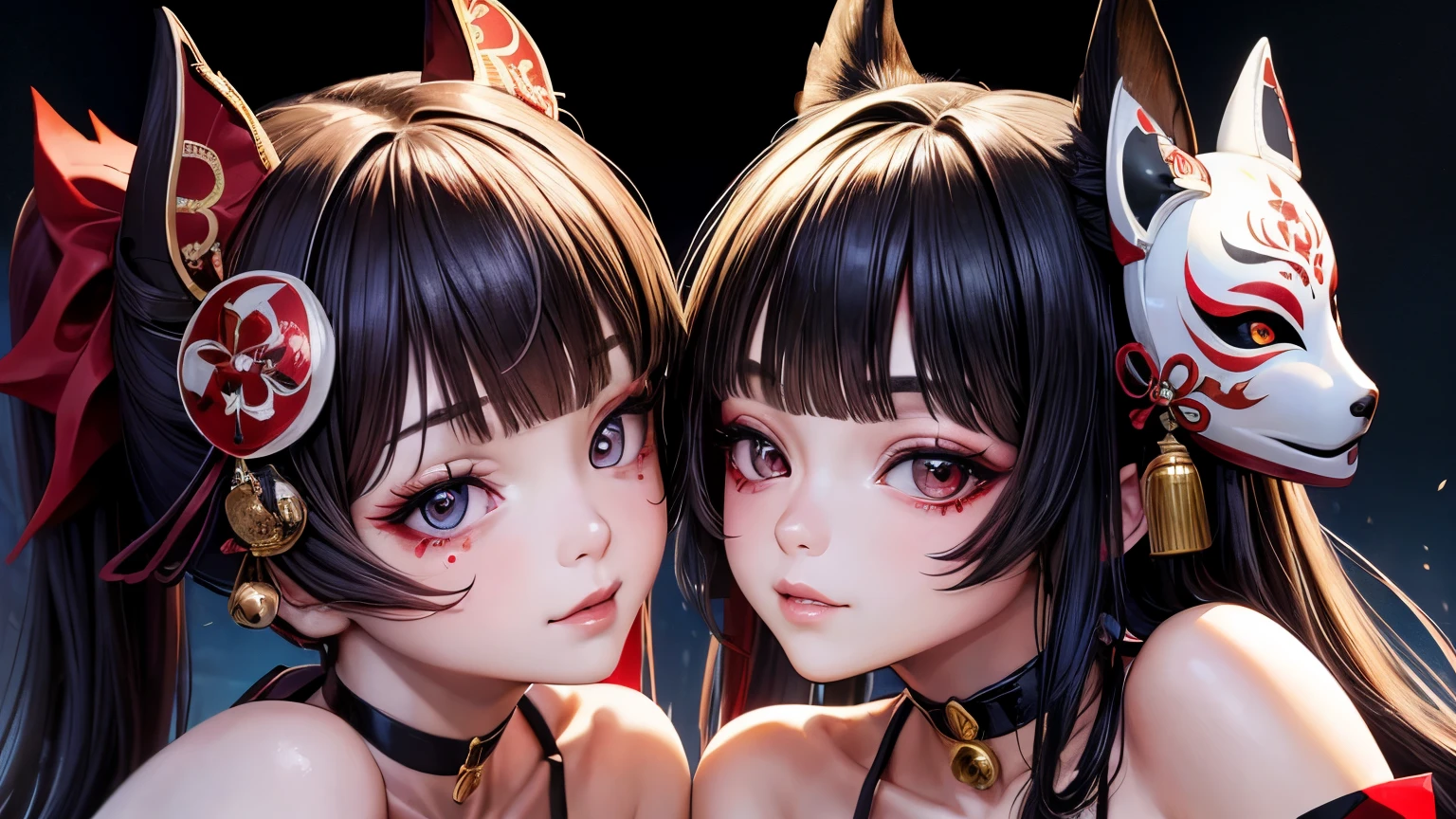 (masterpiece), best quality, (expressive eyes,detailed eyes1:1), perfect face,huahuo,1girl,twintails,red kimono,mask on head,black gloves,bare shoulders,detached sleeves,choker,obi,jingle bell,tattoo,realistic,kitsune mask,smirk,face up