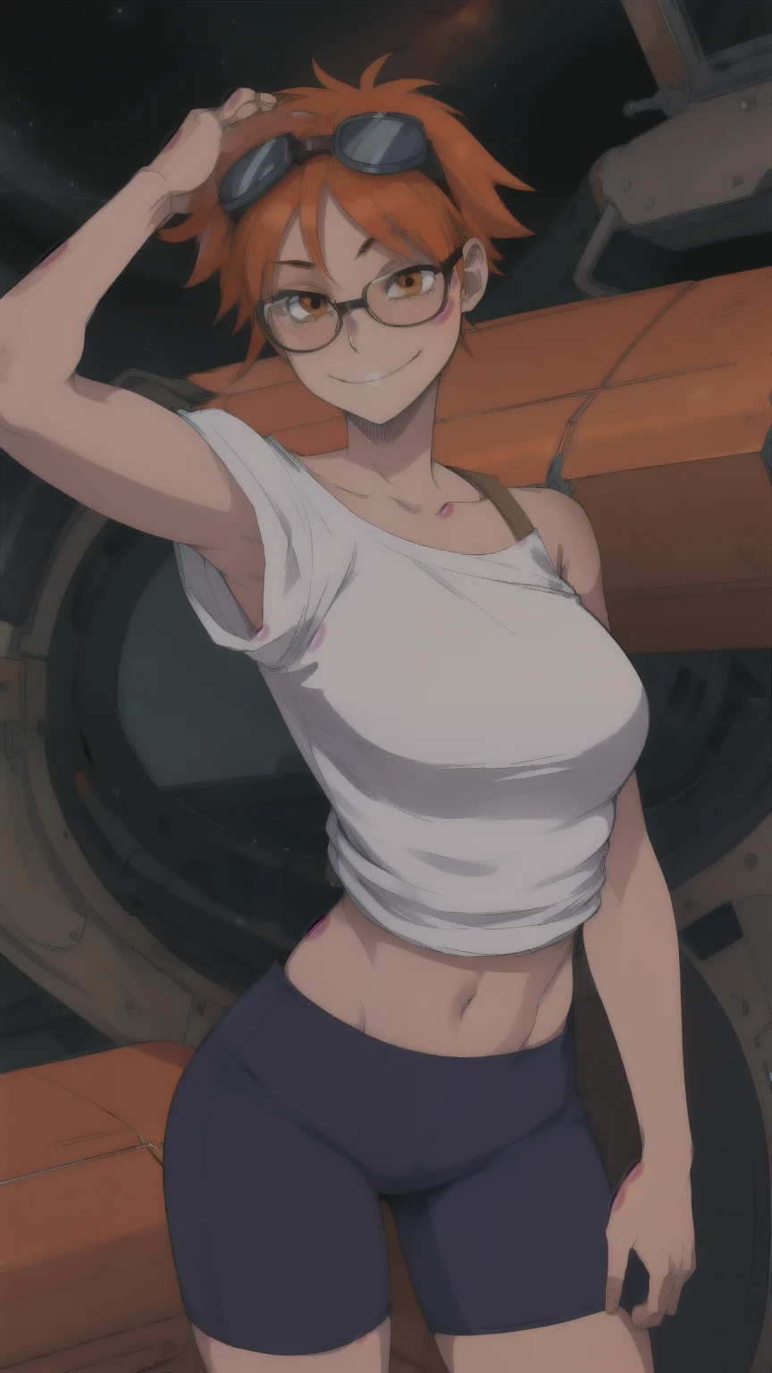 Edward,life,orange hair,(white loose shirt),from the shoulder,
cycling shorts,Brown eyes,glasses on head,
smile,space station,Engine Room,hands on hips,
standing,upper body,
(insanely detailed, beautiful detailed face, masterpiece, Best quality),
