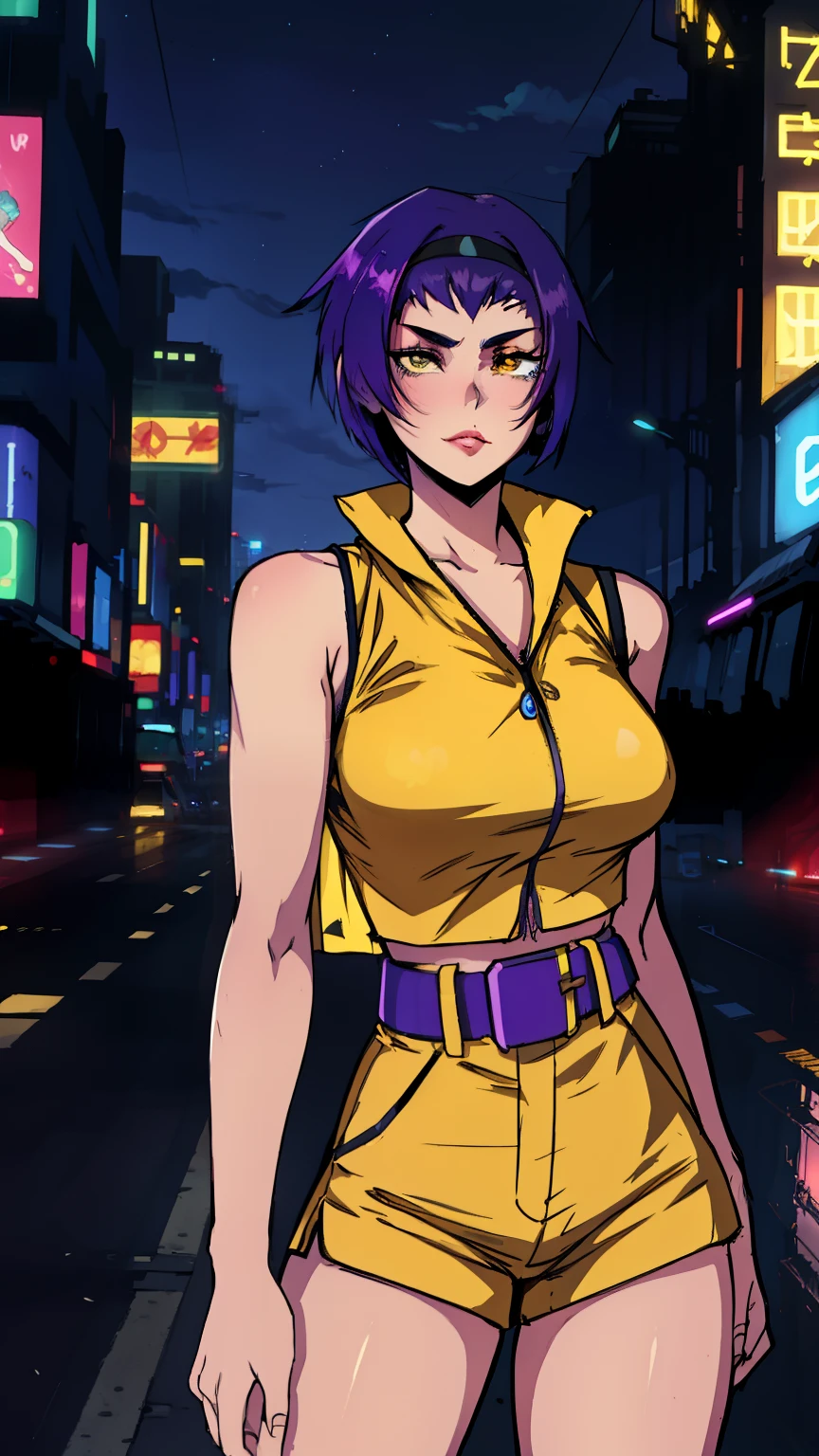 (Best quality, 8K, a high resolution), ultra detailed, realistic, charismatic, brave, breathtaking, Faye Valentine in Cowboy Bebop, with sharp eyes and soft lips, Beautiful detailed eyes, beautiful detailed lips, seductive facial expression, short purple hair, long legs, standing in front of a vibrant futuristic cityscape, city lights reflect from a smooth surface, short hair, (Faye&#39;s full detailed Valentine&#39;s Day costumes), (Yellow collared shirt, Cropped, yellow short pants, headband), awesome cyberpunk aesthetic, neon lights create a surreal atmosphere, cloudy sky with shades of purple and blue, studio lighting, accentuating her facial features, Bright colors, improving the overall composition, bokeh effect, adding depth and focus to Faye, Physically based rendering, conveying every detail of her appearance,