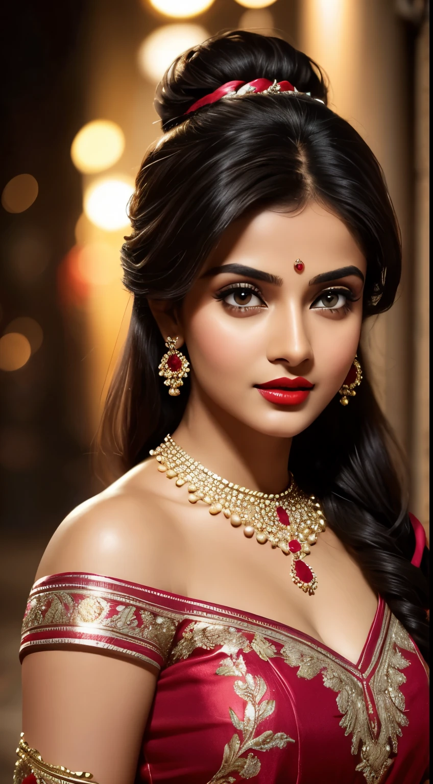 night bokeh effect background, perfect pink eyes, fantastic face, Indian, beautiful look, ((red lips, bright eyes, curve heir 1.5)), ((beautiful details body)), A glorious gorgeous bollywood actress, glorious gorgeous face, pretty face, bright eyes, detailed dress, updo elegant hair, blurred gray tones background, ultra focus, face ilumined, face detailed, 8k resolution, painted, dry brush, brush strokes,