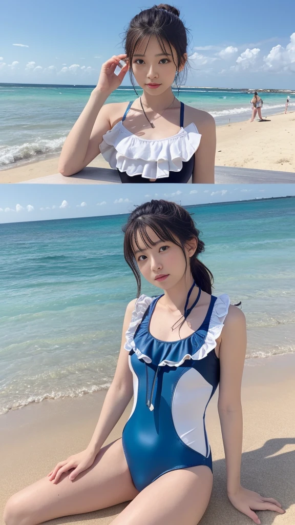 UHD, retina, masterpiece, ccurate, anatomically correct, textured skin, super detail, high details, high quality, award winning, best quality, highres, 1080P, HD, 4K, 8k, 16k、blue sea、Wide sky、Deep sandy beach、Cute Girls、(Ruffle and narrow swimsuit:1.5))、Sunburn mark、Lay a sheet on the beach、Resting on the seat、Clearly defined pussy line:1.3、In heat, put your fingertips between your legs,