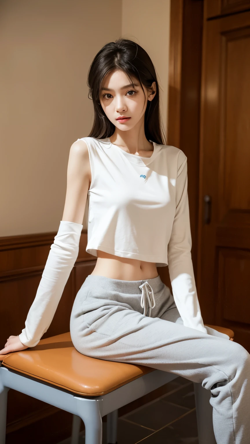 (Photorealistic),(Masterpiece),(ultra-detailed),a very close shot of very beautiful and tall but so delicate and weak and thin and fragile and slender because she hasn’t eaten for a month,wearing a loose crop hoodie and loose sweat pants ,have absolutely no fat or muscles, quite tall but very small and feeble and fragile body frame and figure,enduring extreme hunger,big eyes and very small face,about to faint but resisting,extremely severely malnourished,trying to stay positive,legs and waist thin as arms,hunger in eyes, sitting on a chair,can see all her bones