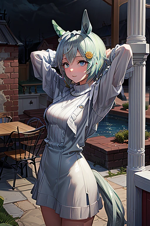 sksbrooke person, sksbrooke, (masterpiece:1.2), (best quality:1.2), Seiun Sky \(umamusume\), perfect eyes, perfect face, 1girl, solo, brown eyes, (medium breasts), perky breasts, seductive look, blue sexy virgin killer sweater dress, porch, arms crossed