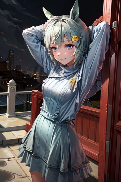 sksbrooke person, sksbrooke, (masterpiece:1.2), (best quality:1.2), Seiun Sky \(umamusume\), perfect eyes, perfect face, 1girl, solo, brown eyes, (medium breasts), perky breasts, seductive look, blue sexy virgin killer sweater dress, porch, arms crossed