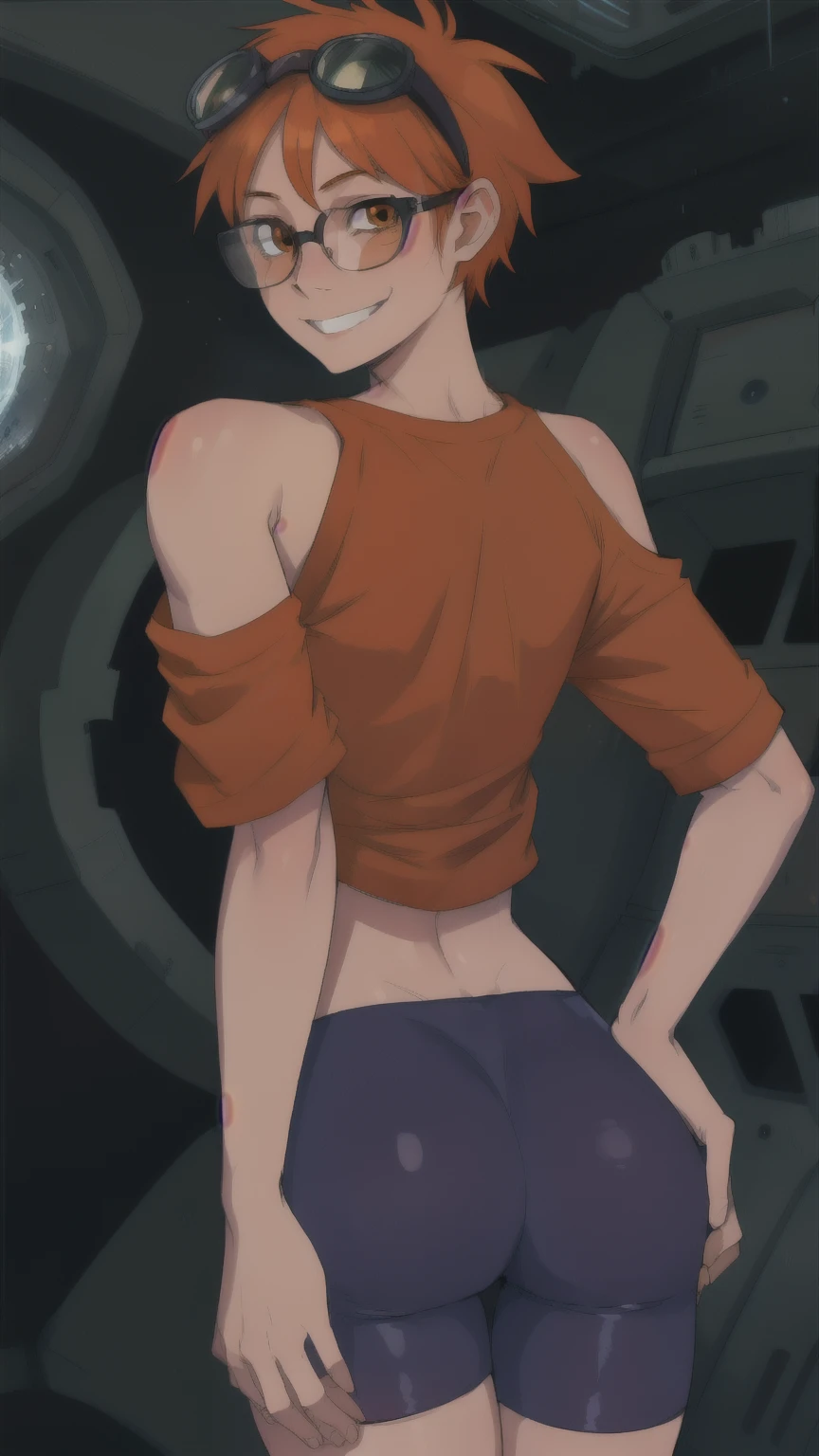 Edward,life,orange hair,(white loose shirt),from the shoulder,
cycling shorts,Brown eyes,glasses on head,
smile,space station,Engine Room,hands on hips,
standing,upper body,
(insanely detailed, beautiful detailed face, masterpiece, Best quality), ass
