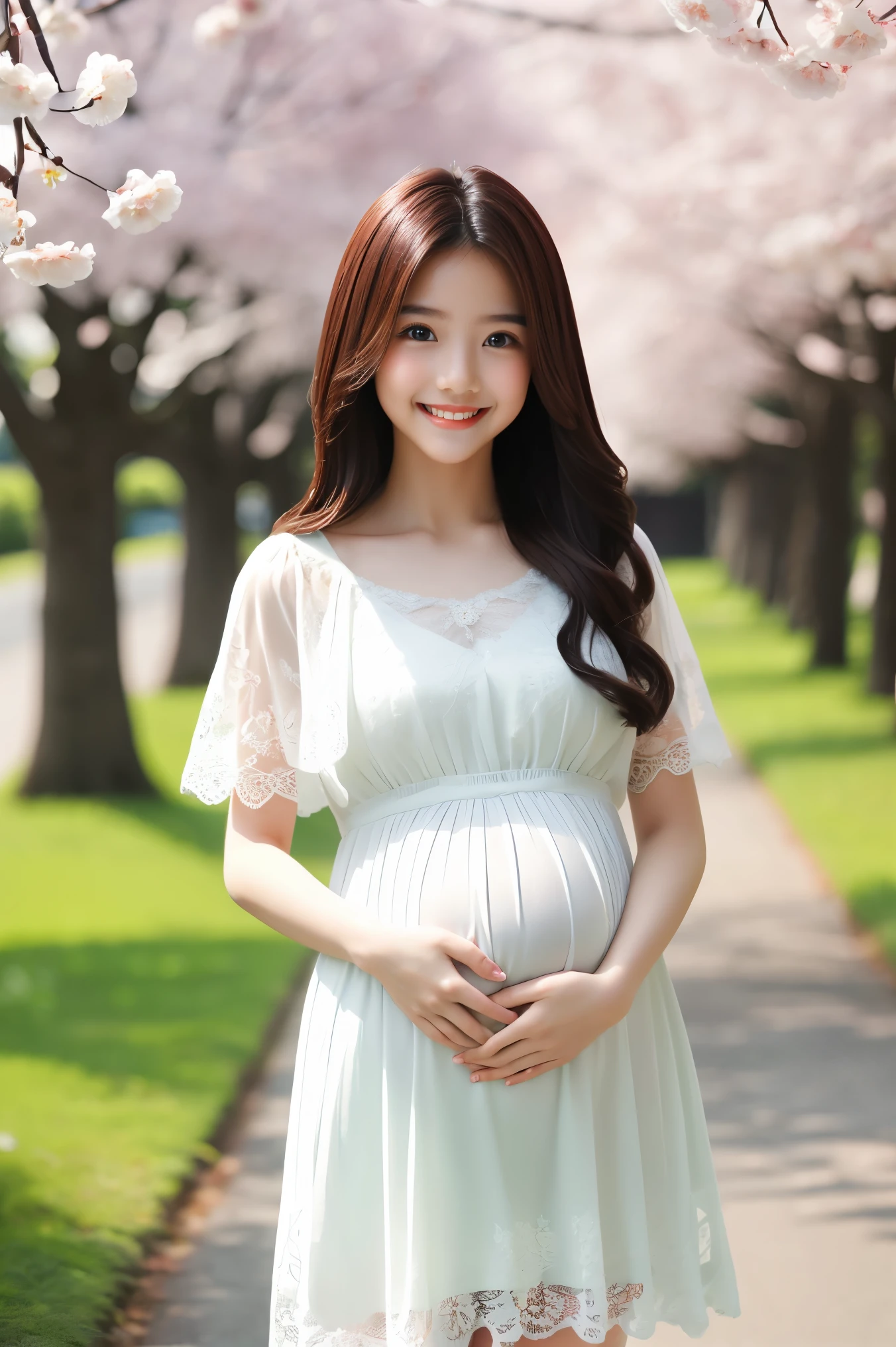 (highest quality、masterpiece、8k、Best image quality、Award-winning works)、1 female、walk in the park、(pregnancy:1.1)、(alone:1.1)、(1 photo:1.1)、Elegant maternity wear、See-through maternity wear、Lace ornament、Perfect Makeup、thin、The biggest smile is looking at me、(height: 140cm:1.4)、(Very short:1.4)、standing full body photo、Perfect Anatomy、Blurred cherry blossoms in full bloom,、big grass park、Refreshing atmosphere、very bright and vivid、Beautiful eyes in ultra-high resolution、Ultra high resolution perfect beautiful teeth、Ultra-high definition beauty face、Ultra HD beautiful hair、Perfect teeth alignment