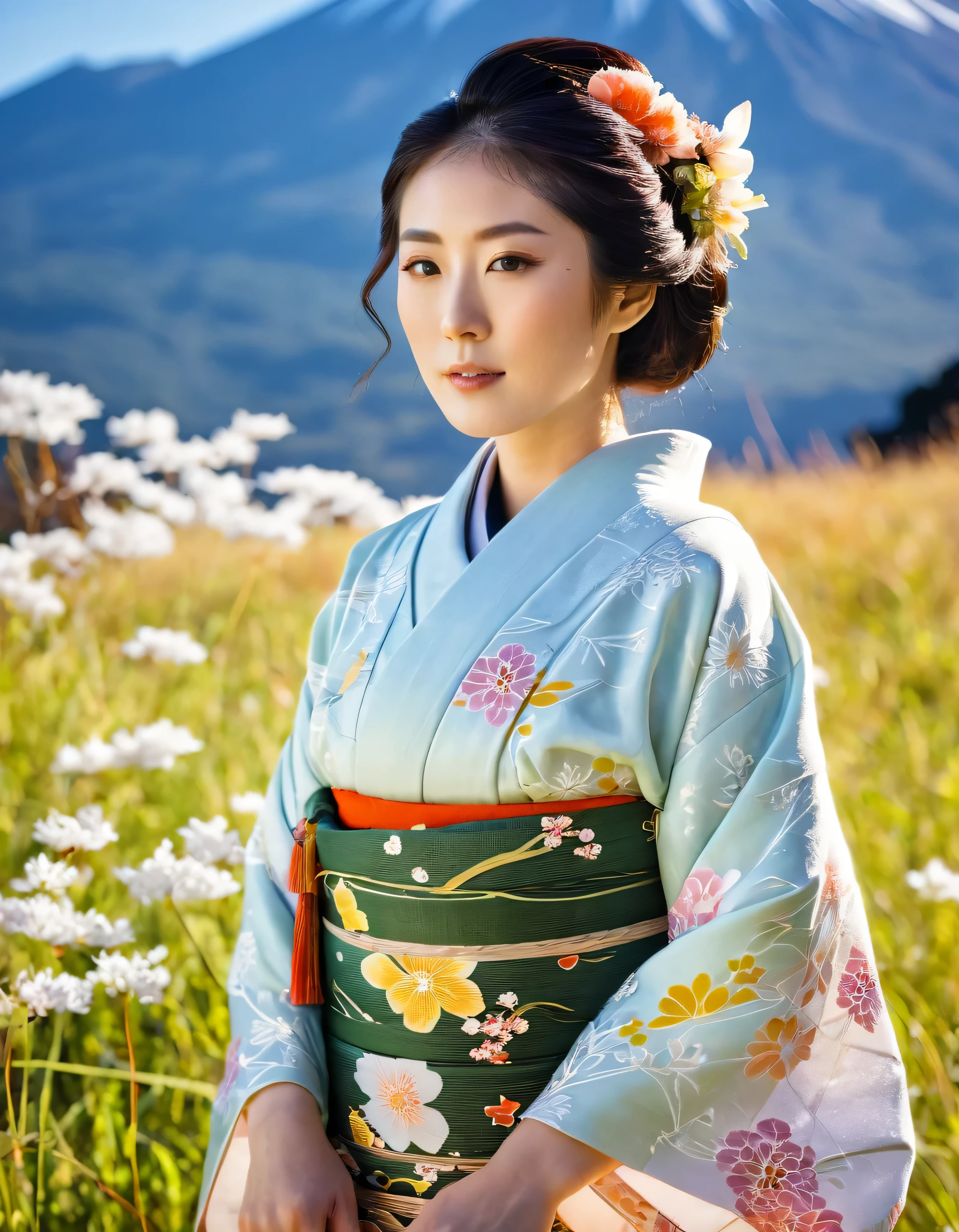 ((Half body Portrait of Beautiful Young Japanese Woman )), (( Traditional kimono outfit)), High-class Lady,( Meiji Fashion Style),(( Vintage Color Photo)),((Outdoor photography in a beautiful meadow)) (( In the background is Mount Fuji with snow covering the top.)), ((Good weather and Bright clear sky above)), Soft shadows Super-Resolution, Megapixel, ProPhoto RGB, VR, Spotlight, Frontlight, Halfrear Lighting, Backlight, Rim Lights, Rim Lighting, Artificial Lighting, Natural Lighting, Incandescent,The images are very realistic.,documentary photography, Photos for advertising,fashion for travel,Japan