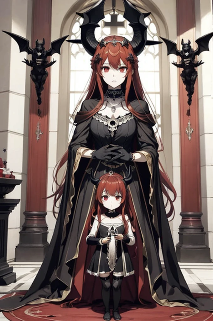 ((highest quality)), ((masterpiece)), (be familiar with), Perfect Face、The Enchanting Body of Celica（FE）、Red hair、The perfect proportions、semi-long、necklace、Bangles、Caster wheel、Circlet、Luxury Accessories、first round、Fallen into evil、、Blank look、Engagement Rings、Hollow Eyes、Ritual of Summoning Demons、Dark Room、Red magic circle on the floor、Mass skeletonsの燭台と蝋燭、darkness、Black sheets、Devil's Altar、Suspicious rituals、A large number of skull objects、Big magic circle on the floor、Skeleton Candelabra、Luxury Jewelry、Be baptized by the devil、Skeleton Crown、black large gemstone pendant、empty eyes、Apathy、Expressionless、Black priestly uniform、devil&#39;s priest、believer in demons、dark priest、Black religious clothing、Richly decorated priestly vestments、Black clothes、Black Veil、Devil's Ornaments、Devil&#39;s Accessories、Temple of the Devil、Baphomet&#39;s Servant、Standing in front of the altar、Big devil statue、Black interior、Big devil statueに祈りを捧げる、Large goat-headed devil statue、Big Baphomet statue、Skeleton Crown、Body and soul become demons、Skeleton Demon、Skeleton Demon Priest Celica、Mass skeletons、Wearing a skeleton、pregnancy、Last month of pregnancy