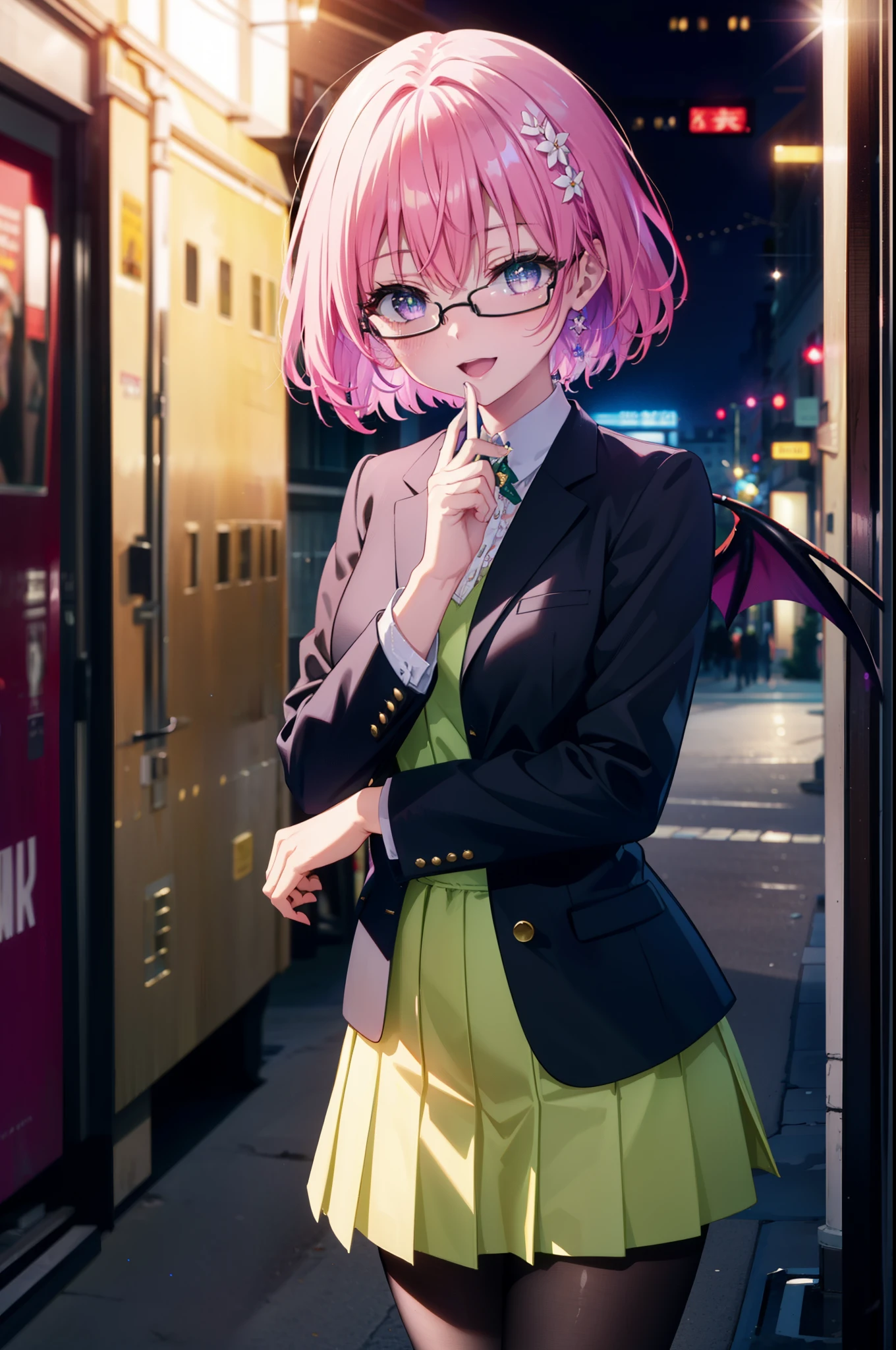 Momodeviluke, Deviluke type, demon tail, Hair Flowers, hair ornaments, (Purple eyes:1.1), Pink Hair, short hair, tail, happy smile, smile, Open your mouth,
break demon tail, Green Skirt, OL, Red glasses, end, black suit jacket, collared jacket, White dress shirt, Collared shirt, Neckline, button, strap, Black pencil skirt, Black pantyhose,Stiletto heels,morning,morning陽,The sun is rising,City Street,
break outdoors, In town,Building district,
break looking at viewer, (Cowboy Shot:1.5),
break (masterpiece:1.2), highest quality, High resolution, unity 8k wallpaper, (figure:0.8), (beautiful detailed eyes:1.6), extremely detailed face, Perfect lighting, extremely detailed CG, (Perfect hands, Perfect ???????),