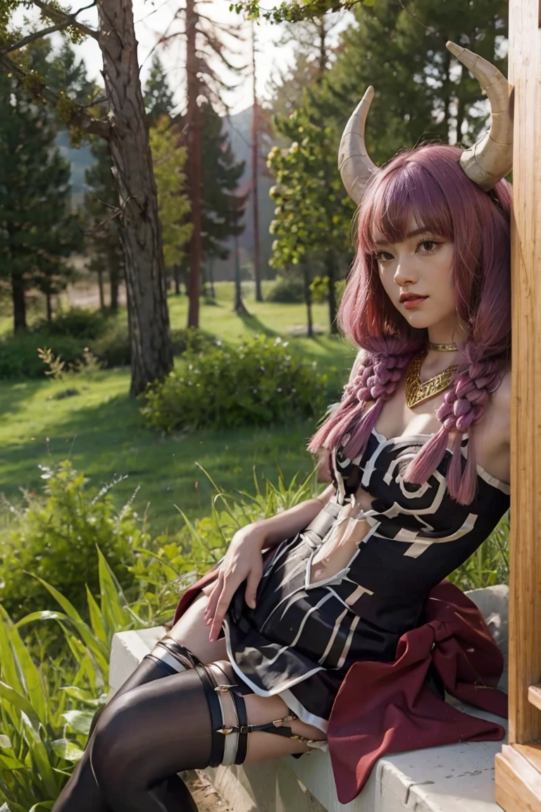 masterpiece, best quality,front view，solo，1girl,horns,pink hair,long hair,twin braids,purple eyes, necklace, cleavage, bare shoulders, gloves,navel cutout, skirt,thighhighs, realistic，3d，texture