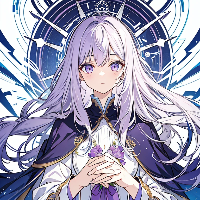 Androgynous person with long lilac hair.