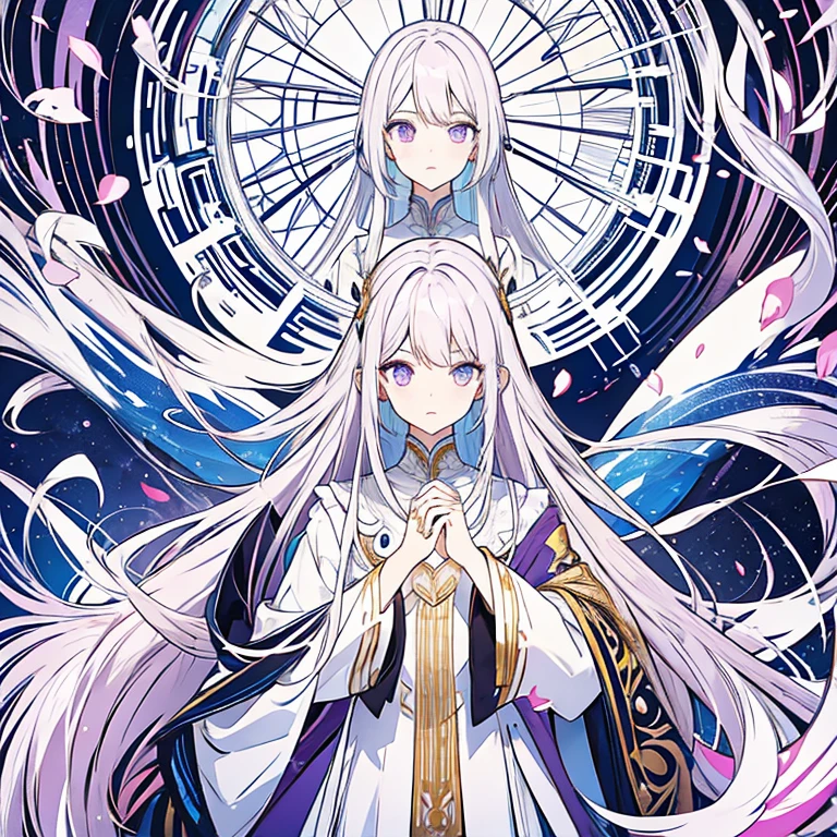 Androgynous person with long lilac hair.