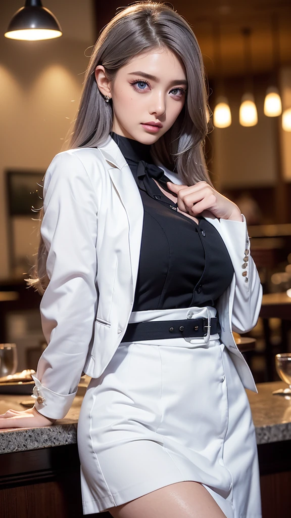 Sakuyarindo768 (Wear white business attire,Official Jacket,neck tied, tied,white shirt, skirt, Heel,skirtเอวสูง,military regalia)( Perfect big round breasts,hourglass body, Thin waist,BTPT-FC,Realistic photos, (Exaggerated:1)beautiful, Masterpiece, best quality, Very detailed face, perfect lighting,Detailed eye makeup, face details, well detailed eyes,good hand, perfect hand (realistic student,Realistic iris:1) Heavy eye makeup,gray hair,long hair,blue eyes,  (work at restaurant, restaurant background)