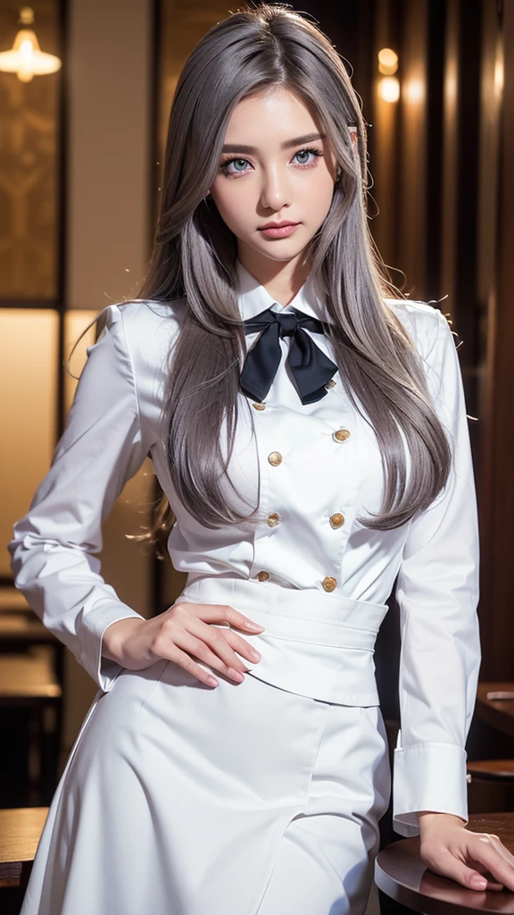 Sakuyarindo768 (Wear white business attire,Official Jacket,neck tied, tied,white shirt, skirt, Heel,skirtเอวสูง,military regalia)( Perfect big round breasts,hourglass body, Thin waist,BTPT-FC,Realistic photos, (Exaggerated:1)beautiful, Masterpiece, best quality, Very detailed face, perfect lighting,Detailed eye makeup, face details, well detailed eyes,good hand, perfect hand (realistic student,Realistic iris:1) Heavy eye makeup,gray hair,long hair,blue eyes,  (work at restaurant, restaurant background)