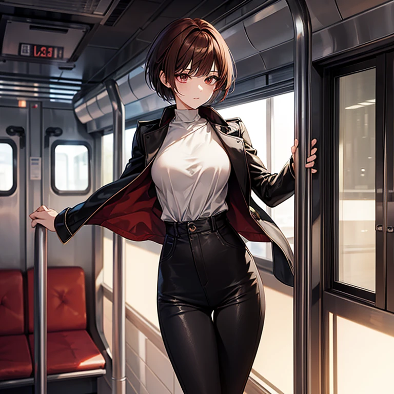 Masterpiece、Subtle details、korean women、One adult woman、Sophisticated、On a city train、Slender beauty、delicate、Model-like body、Korean Fashion、Sideboob、camisole、leather jacket、Riders jacket、Low rise skinny pants、tall、Stylish、Small breasts、Korean Makeup、Sharp Eyes、Cool Beauty、older sister、Pixie Cut、The hair ends are trimmed、Asymmetrical bangs、short nape、Hair with reduced volume、Thick-soled boots、Reddish brown hair、