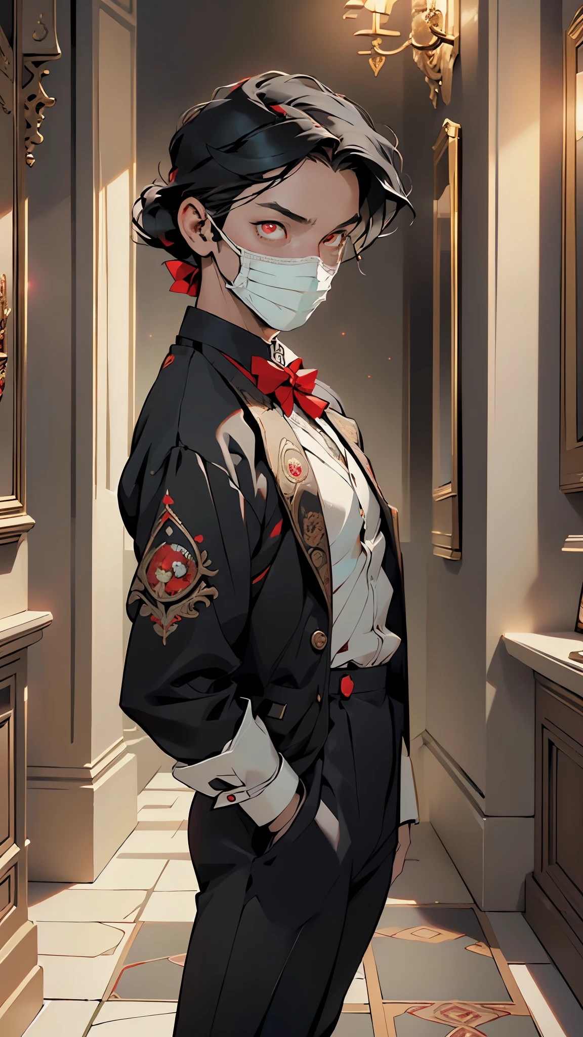 (((Phantom of the Opera))),(pectoral,man chest), (30 year old man),mature,((1male,1 male,1man,man,male gender:1.5,male focus)),(((gothic black hair))),(((red_eyes:1.3))),intricate eyes,beautiful detailed eyes,symmetrical eyes,
evil eyes,
((half face mask:1.5,masked upper part of face,Man with white mask)), horror, gothic,(((black tuxedo, red bow on white shirt))),((bulge in pants)),((intricate outfit,intricate clothes, elegant style clothes)),
(dynamic pose:1.0),mocking,(centered,scale to fit dimensions,Rule of thirds),
((((surrounded by tiny orbs of bright red light that float and spin around him)))),
indoor,((Victorian style dark palace at night)),scenery:1.25,intricate scenery,extremely scenery,((Victorian style dark palace in the background)),
(Glossy Victorian era ornaments),highres,sharp focus,(ultra detailed,extremely detailed),(photorealistic artwork:1.37),(extremely detailed CG unity 8k wallpaper),(((vibrant colors,vibrant theme))),(intricate),(masterpiece),(best quality),artistic photography,(photography taken by sldr),(intricate background),perfect rendered face,perfect face details,realistic face,photo realistic,((intricate detail)),(((realism))),