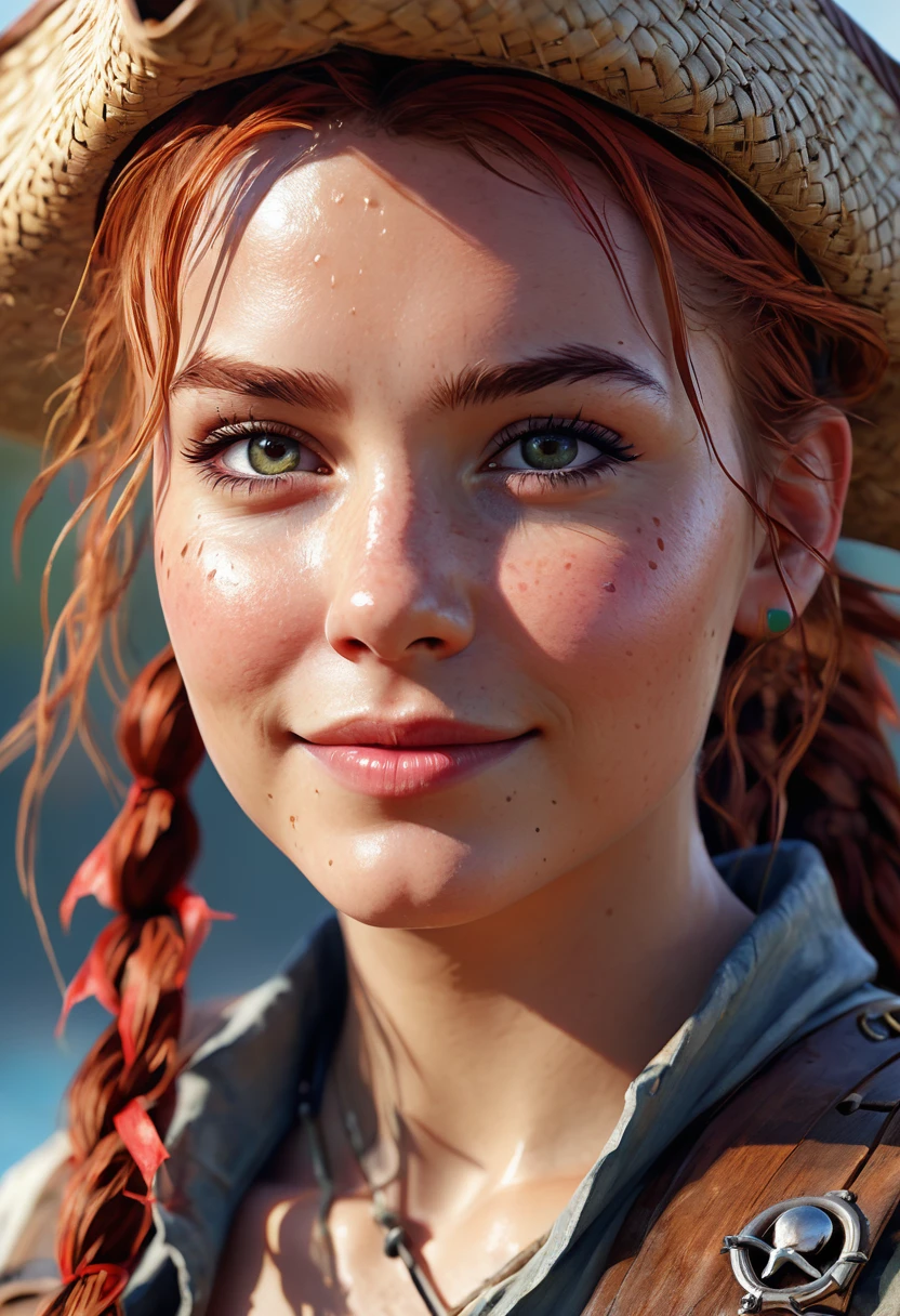 Aloy personnage amblématique de horizon Zero Dawn, fille, improve, (rougir:1.3, rougir stickers), esquisser, timide, illustration, beau, les yeux rouges, messy redhead hair, oda eiichirou,1femme,belle fille,mer, navire pirate, soleil,sourire plein de dents, drapeau pirate, mouette, Aloy's characteristic smile , hands on chapeau de paille,manteau rouge, chapeau de paille with red ribbon, chapeau de paille, regarder le spectateur, Seulement, corps complet,(extremely detailed),(extremely detailed face),(extremely detailed eyes), aquarelle, illustration, profondeur de champ, esquisser, sharpness, Soft lighting, HDR, colored, bonne compo, le feu tout autour, spectaculaire, closed shirt