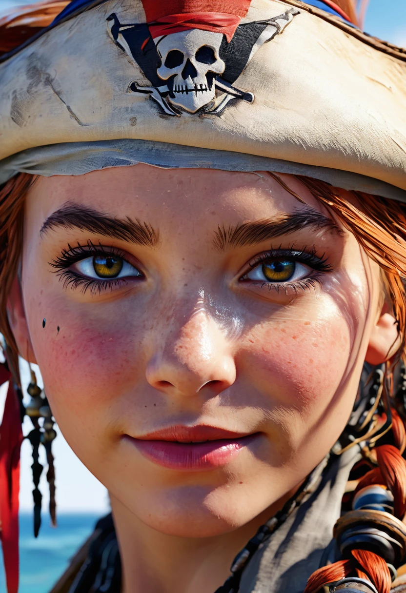 Aloy personnage amblématique de horizon Zero Dawn, fille, improve, (rougir:1.3, rougir stickers), esquisser, timide, illustration, beau, les yeux rouges, messy redhead hair, oda eiichirou,1femme,belle fille,mer, navire pirate, soleil,sourire plein de dents, drapeau pirate, mouette, Aloy's characteristic smile , hands on chapeau de paille,manteau rouge, chapeau de paille with red ribbon, chapeau de paille, regarder le spectateur, Seulement, corps complet,(extremely detailed),(extremely detailed face),(extremely detailed eyes), aquarelle, illustration, profondeur de champ, esquisser, sharpness, Soft lighting, HDR, colored, bonne compo, le feu tout autour, spectaculaire, closed shirt