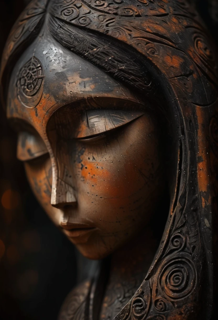 (masterpiece, best quality:1.2),Ornaments， Statue of the Virgin, ，color，Paint pottery in earthy tones，With subtle patterns and textures，Invoking ancient wisdom. Focus on the face，With depth of field and bokeh effects. This is a high resolution image，Intricate details，The background is dark，soft light, style of，Minimalism，(Darkness shrouded，Wall background，black background，contour，shadow，Extreme darkness:2.0)