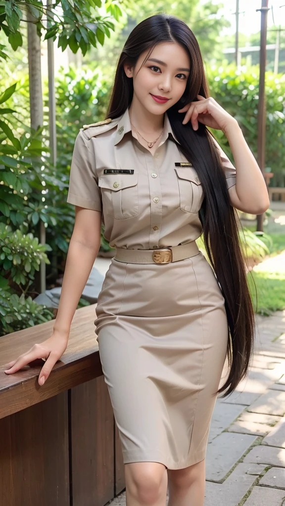 Khaki suit, khaki civil servant, Thai teacher uniform:1.3, Beautiful girl with extra long hair, Two meter long hair, Long hair that catches the eye, long black hair, Her hair is very long., Long, shiny hair, Long, thick, soft hair, Extra long hair, Dynamic posts, like full body, Short sleeve shirtสีกากี, short pencil skirtสีกากี, side cut, Decorated with military insignia., black high heels, The sexiest, small waist, hips raised, small thighs, Long legs, Women's fingers are slender and beautiful., Huge breasts, Huge breasts:1.5, big breast, Very big breasts, Eye-catching breasts, A gigantic rift, Not completely covered, big breast, Huge breast, Big tits D, สาวTwo meter long hair, Beautiful face, red lips, Very shiny, แต่งBeautiful face, Military rank insignia, short pencil skirt, tight, กระโปรงextra short, The skirt is very short., Wear a miniskirt., Short sleeve shirt, tight fitting, blurred garden., seductive gesture, lady, Hermes bag 2002-26 Bag, Gold Necklace, นาฬิกา Apple Watch, stand, walk, The skirt is very short., smooth thighs, extra short,