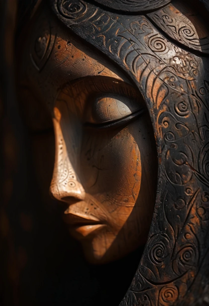 (masterpiece, best quality:1.2),Ornaments, Statue of the Virgin, ,color,Paint pottery in earthy tones,With subtle patterns and textures,Invoking ancient wisdom. Focus on the face,With depth of field and bokeh effects. This is a high resolution image,Intricate details,The background is dark,soft light, style of,Minimalism,(Darkness shrouded,Wall background,black background,contour,shadow,Extreme darkness:2.0)