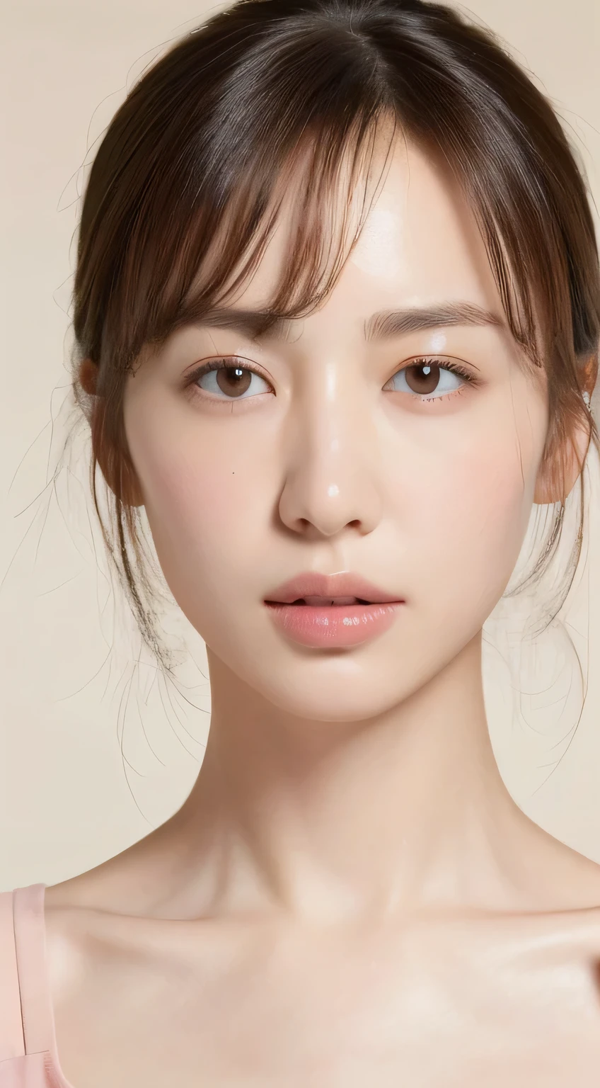 ((highest quality, 8k, masterpiece :1.3)), One girl, Beautiful woman with slim abdominal muscles :1.3, (Random Hairstyles :1.2), Pink oversized tank top :1.2, Highly detailed face, Fine grain, double eyelid, (perfect breast shape, Flat boobs:1.2),
It is a small pale pink areola.,