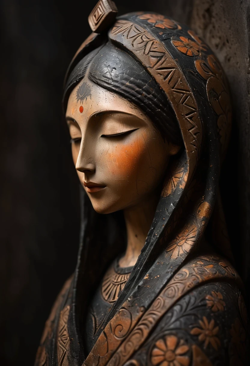 (masterpiece, best quality:1.2),Ornaments, Statue of the Virgin, ,color,Paint pottery in earthy tones,With subtle patterns and textures,Invoking ancient wisdom. Focus on the face,With depth of field and bokeh effects. This is a high resolution image,Intricate details,The background is dark,soft light, style of,Minimalism,(Darkness shrouded,Wall background,black background,contour,shadow,Extreme darkness:2.0)
