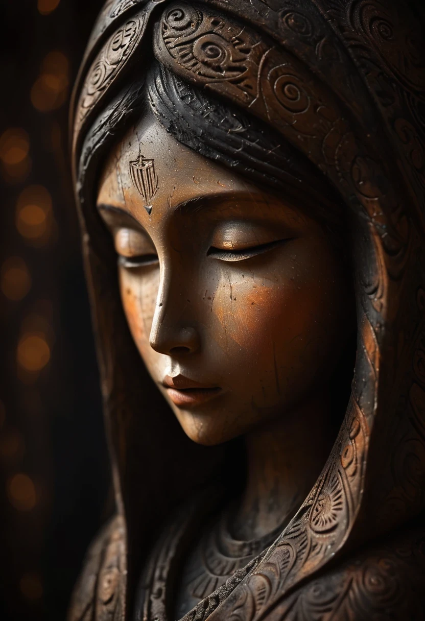 (masterpiece, best quality:1.2),Ornaments, Statue of the Virgin, ,color,Paint pottery in earthy tones,With subtle patterns and textures,Invoking ancient wisdom. Focus on the face,With depth of field and bokeh effects. This is a high resolution image,Intricate details,The background is dark,soft light, style of,Minimalism,(Darkness shrouded,Wall background,black background,contour,shadow,Extreme darkness:2.0)