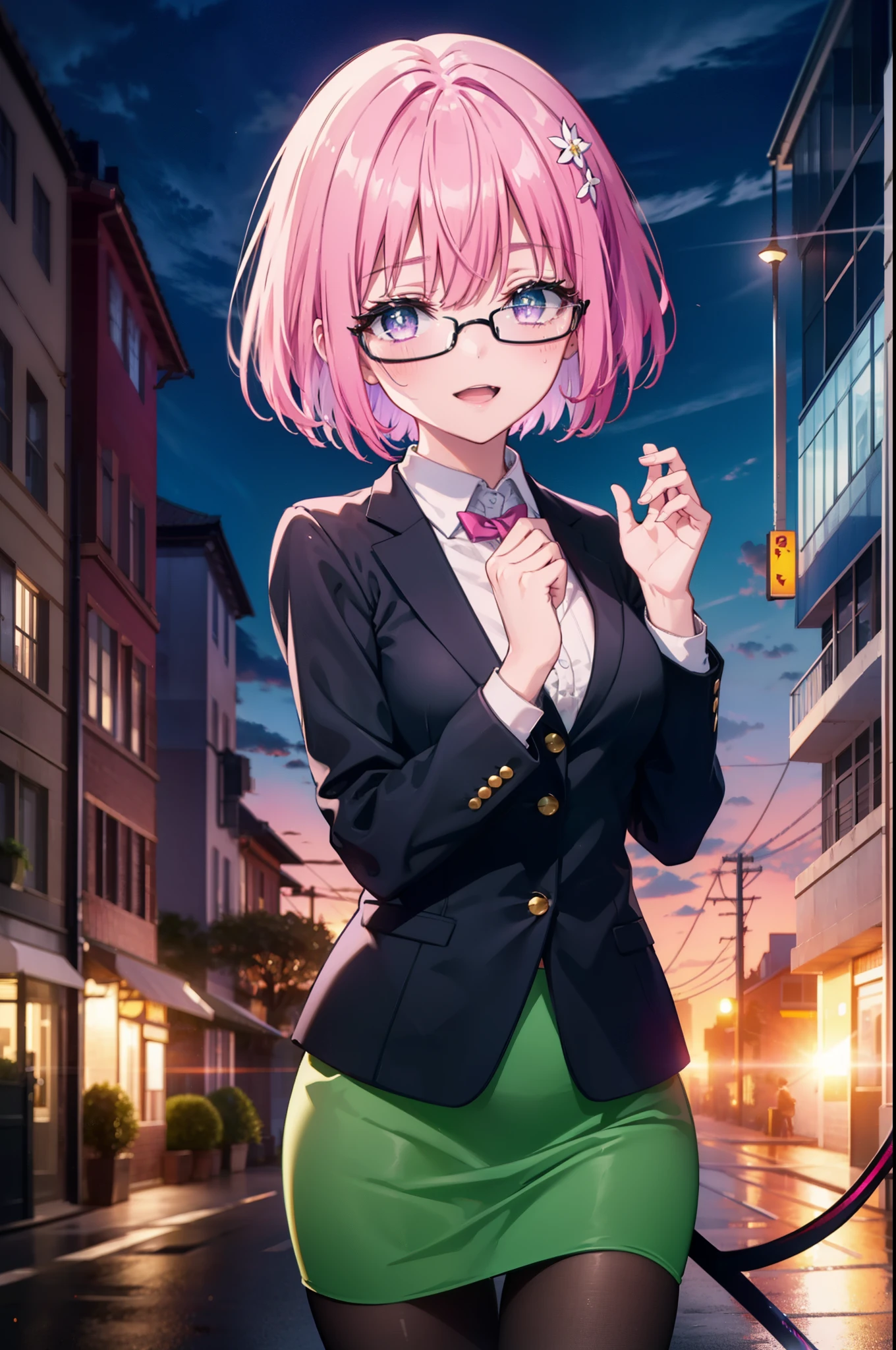 Momodeviluke, Deviluke type, demon tail, Hair Flowers, hair ornaments, (Purple eyes:1.1), Pink Hair, short hair, tail, happy smile, smile, Open your mouth,
break demon tail, Green Skirt, OL, Red glasses, end, black suit jacket, collared jacket, White dress shirt, Collared shirt, Neckline, button, strap, Black pencil skirt, Black pantyhose,Stiletto heels,morning,morning陽,The sun is rising,City Street,
break outdoors, In town,Building district,
break looking at viewer, (Cowboy Shot:1.5),
break (masterpiece:1.2), highest quality, High resolution, unity 8k wallpaper, (figure:0.8), (beautiful detailed eyes:1.6), extremely detailed face, Perfect lighting, extremely detailed CG, (Perfect hands, Perfect Anatomy),