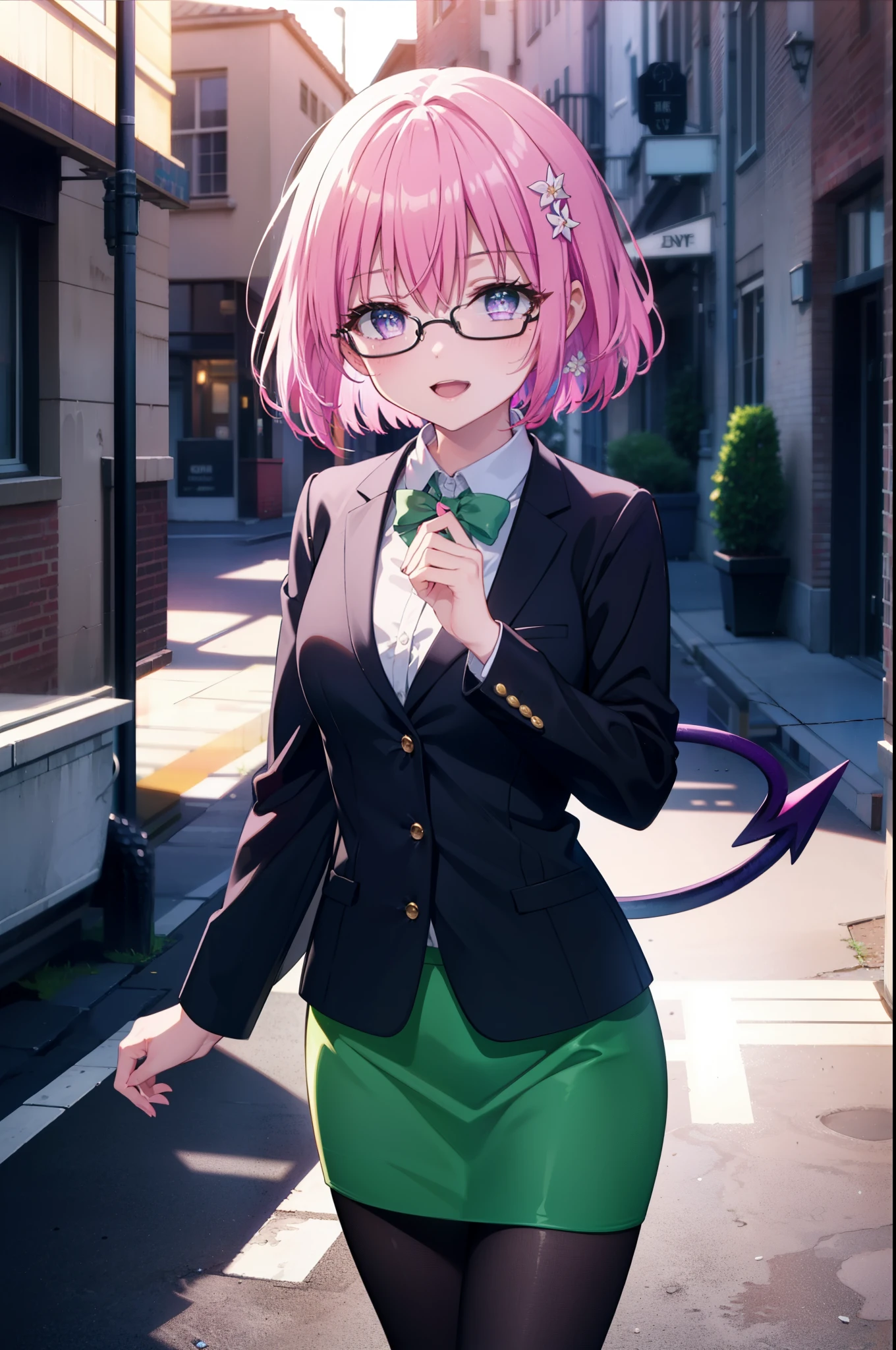 Momodeviluke, Deviluke type, demon tail, Hair Flowers, hair ornaments, (Purple eyes:1.1), Pink Hair, short hair, tail, happy smile, smile, Open your mouth,
break demon tail, Green Skirt, OL, Red glasses, end, black suit jacket, collared jacket, White dress shirt, Collared shirt, Neckline, button, strap, Black pencil skirt, Black pantyhose,Stiletto heels,morning,morning陽,The sun is rising,City Street,
break outdoors, In town,Building district,
break looking at viewer, (Cowboy Shot:1.5),
break (masterpiece:1.2), highest quality, High resolution, unity 8k wallpaper, (figure:0.8), (beautiful detailed eyes:1.6), extremely detailed face, Perfect lighting, extremely detailed CG, (Perfect hands, Perfect Anatomy),