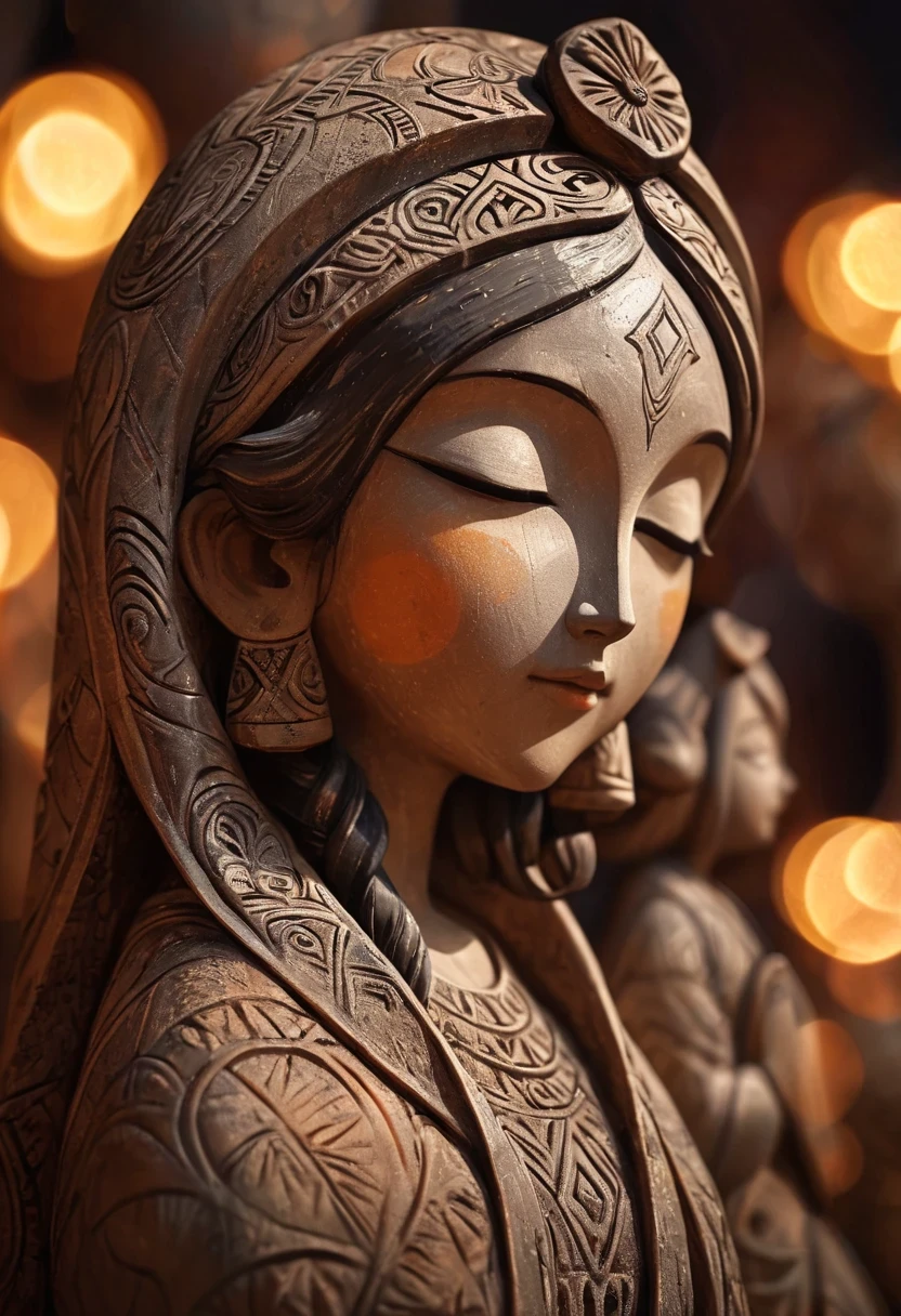 (masterpiece, best quality:1.2),Ornaments， Statue of the Virgin, ，color，Paint pottery in earthy tones，With subtle patterns and textures，Invoking ancient wisdom. Focus on the face，With depth of field and bokeh effects. This is a high resolution image，Intricate details，The background is very dark，soft light, style of，Minimalism