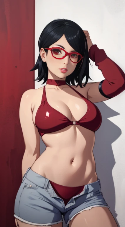 1girl, solo, black hair, short hair, Red eyes, frameless glasses. In a Red bikini Top// Dolphin shorts, closeup shot,, detailed art. Curved hips, Thick thighs,, bare shoulders, scary basement background,, facing viewer, hands on hips, shiny hair, sexy hips. Dark pink painted lips, wet skin, (extremely detailed face), behind, 8K resolution, super detailed, high quality,, heart shaped lips.