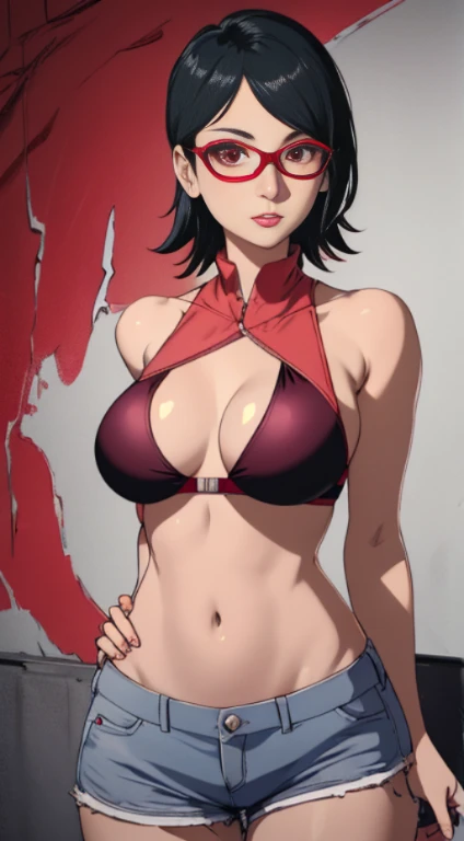 1girl, solo, black hair, short hair, Red eyes, frameless glasses. In a Red bikini Top// Dolphin shorts, closeup shot,, detailed art. Curved hips, Thick thighs,, bare shoulders, scary basement background,, facing viewer, hands on hips, shiny hair, sexy hips. Dark pink painted lips, wet skin, (extremely detailed face), behind, 8K resolution, super detailed, high quality,, heart shaped lips.