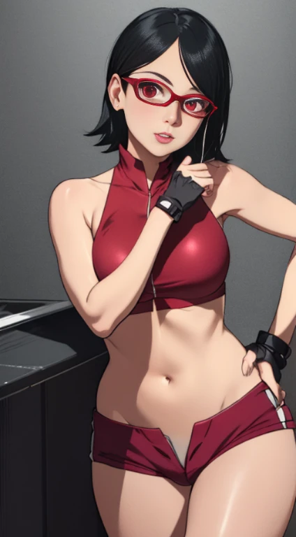 1girl, solo, black hair, short hair, Red eyes, frameless glasses. In a Red bikini Top// Dolphin shorts, closeup shot,, detailed art. Curved hips, Thick thighs,, bare shoulders, scary basement background,, facing viewer, hands on hips, shiny hair, sexy hips. Dark pink painted lips, wet skin,  (extremely detailed face), behind, 8K resolution, super detailed, high quality,,  heart shaped lips. 