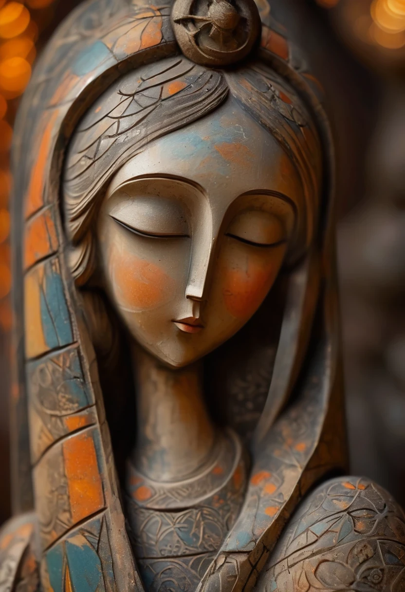 (masterpiece, best quality:1.2),Ornaments， Statue of the Virgin, ，color，Paint pottery in earthy tones，With subtle patterns and textures，Invoking ancient wisdom. Focus on the face，With depth of field and bokeh effects. This is a high resolution image，Intricate details，The background is very dark，soft light, Vintage style，Minimalism