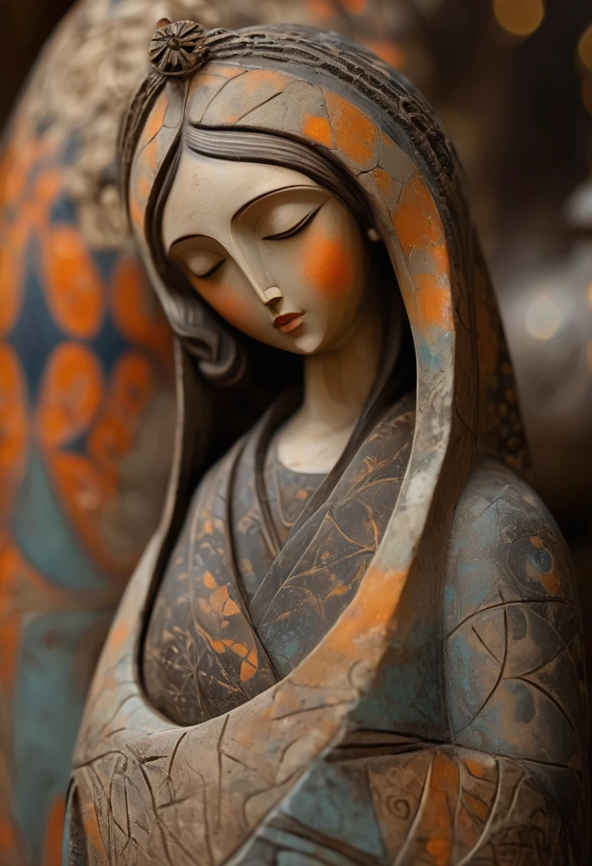 (masterpiece, best quality:1.2),Ornaments, Statue of the Virgin, ,color,Paint pottery in earthy tones,With subtle patterns and textures,Invoking ancient wisdom. Focus on the face,With depth of field and bokeh effects. This is a high resolution image,Intricate details,The background is very dark,soft light, Vintage style,Minimalism