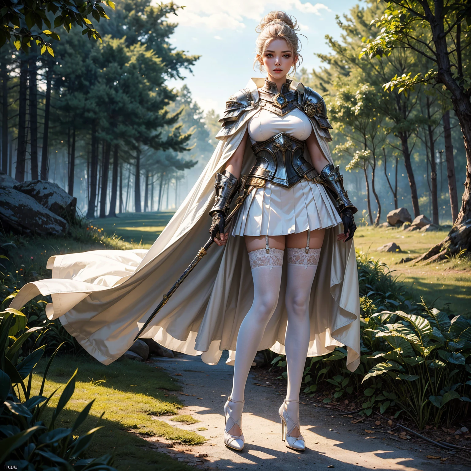 (A tall 14 years old girl with long legs and slender body), (standing), (body facing to the viewer), (centered image), (short hair), (tall body), (slender body), (tutututu), (high heels:1.3), (full big breasts), (big round breasts), (1 girl), (solo), (sexy body), (white updo:1.2), (white steel armor:1.1)and robes (cape:1.1) royalty ornate (embroidery:0.5), skinny (Gorget Plackart pauldron :1.3), (white gloves), (white stockings), (lace stockings), (mini skirt with white colors), (transparent skirt), (masterpiece:1.5) (illustration:1.1) (best quality:1.5) (extremely detailed) (intricate) (8k) (HDR) (cinematic lighting) (bright lighting) (sharp focus), standing, outdoors, grassland, forest in background, perfect lighting, smooth, hdr