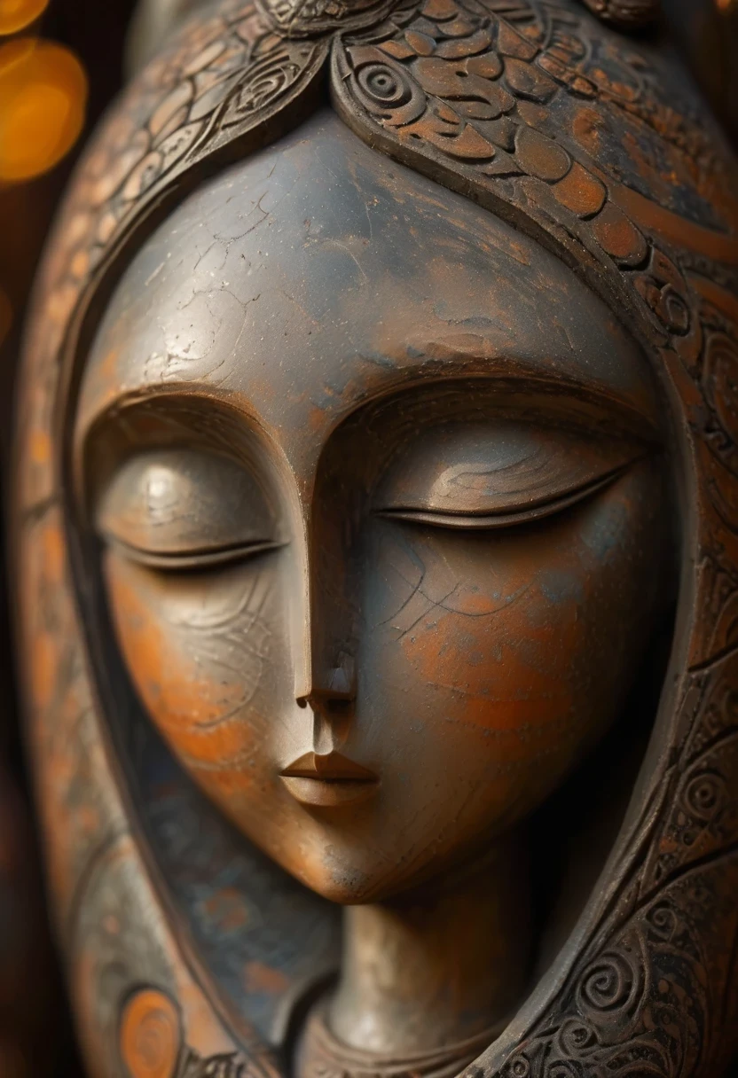 (masterpiece, best quality:1.2),Ornaments， Statue of the Virgin, ，color，Paint pottery in earthy tones，With subtle patterns and textures，Invoking ancient wisdom. Focus on the face，With depth of field and bokeh effects. This is a high resolution image，Intricate details，The background is very dark，soft light, Vintage style，Minimalism